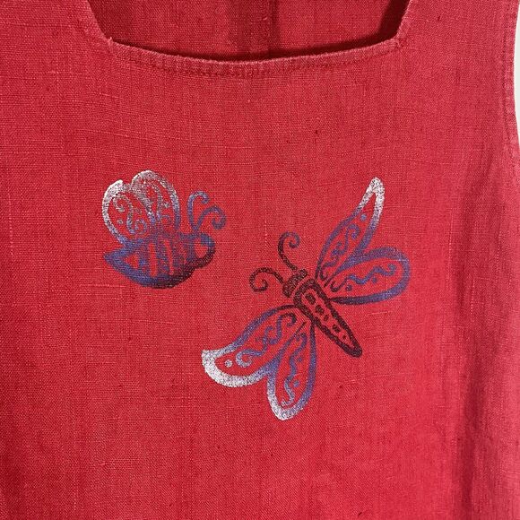 Vintage Studio Ease Dress Women's 8 Red Linen Butterfly Sleeveless Midi 90s Y2K - Picture 3 of 8